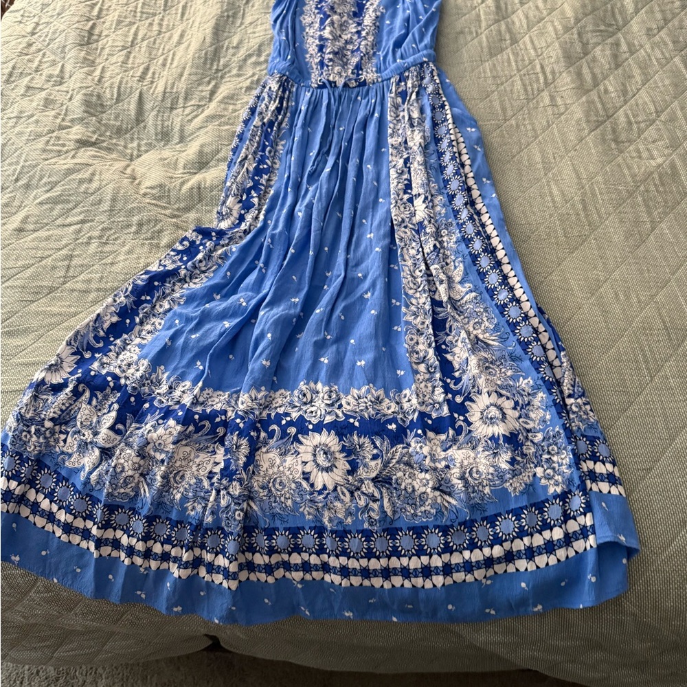 LOFT Blue and White Sleeveless Sundress Resort Maxi